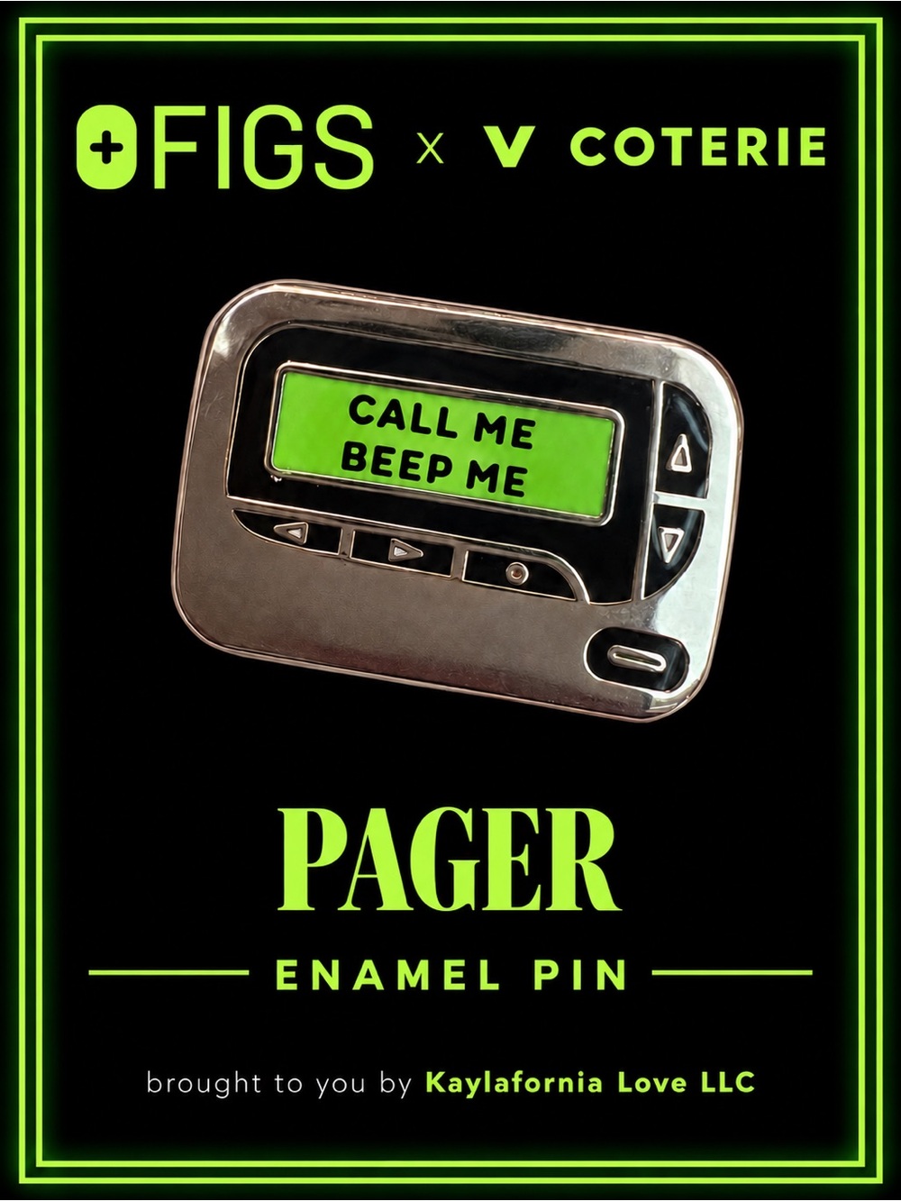 NWT FIGS x V Coterie Call Me Beep Me Pager Enamel Pin Silver Green
